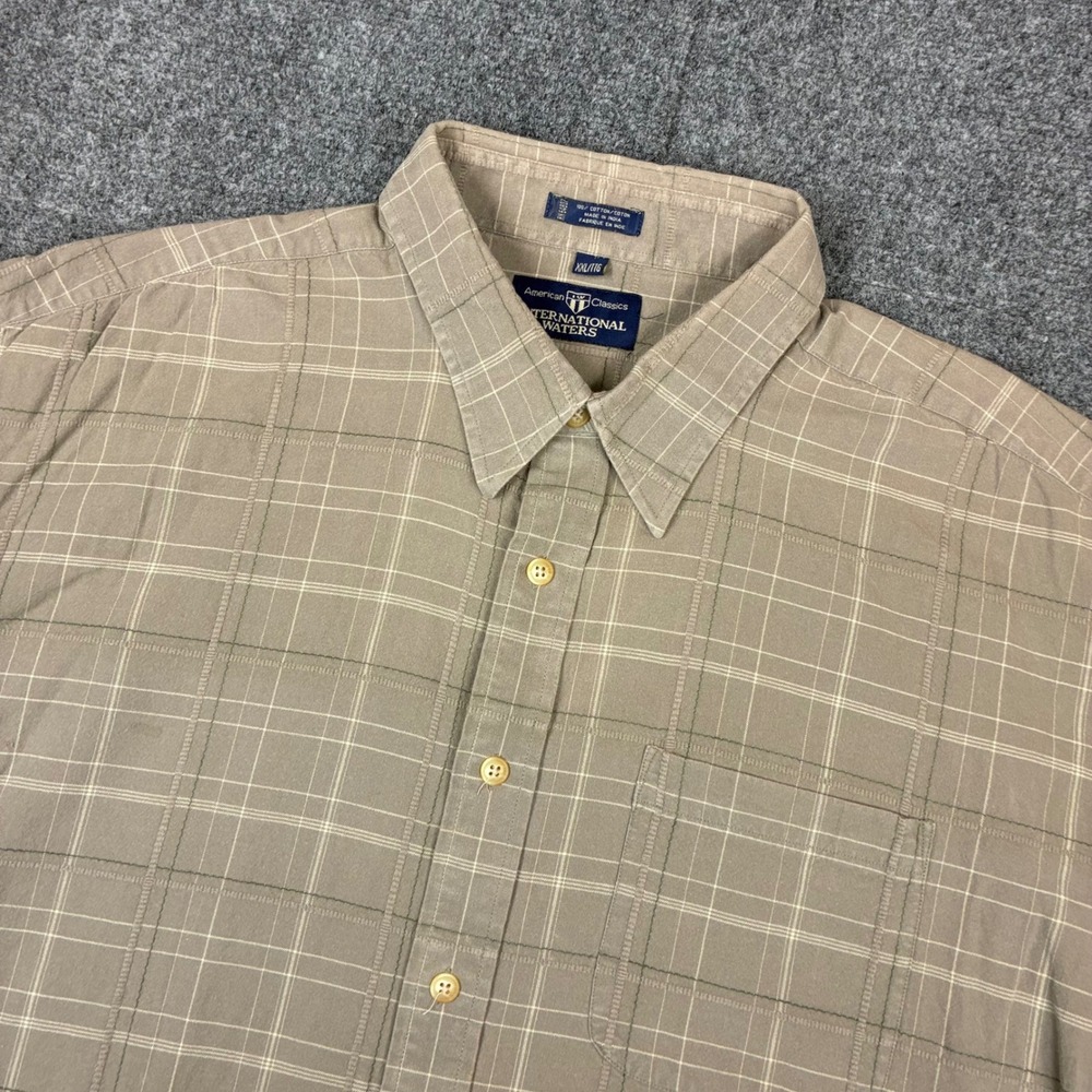 International Waters Mens XXL Tan Plaid Short Sleeve Button Down Cotton Shirt